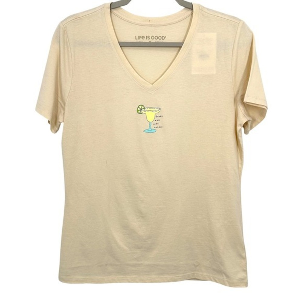 Life is Good Womens Margarita Drinks Well With Others V Neck T Shirt Cream NWT